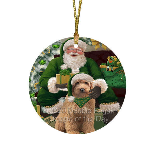 Christmas Irish Santa with Gift and Goldendoodle Dog Round Flat Christmas Ornament RFPOR57929