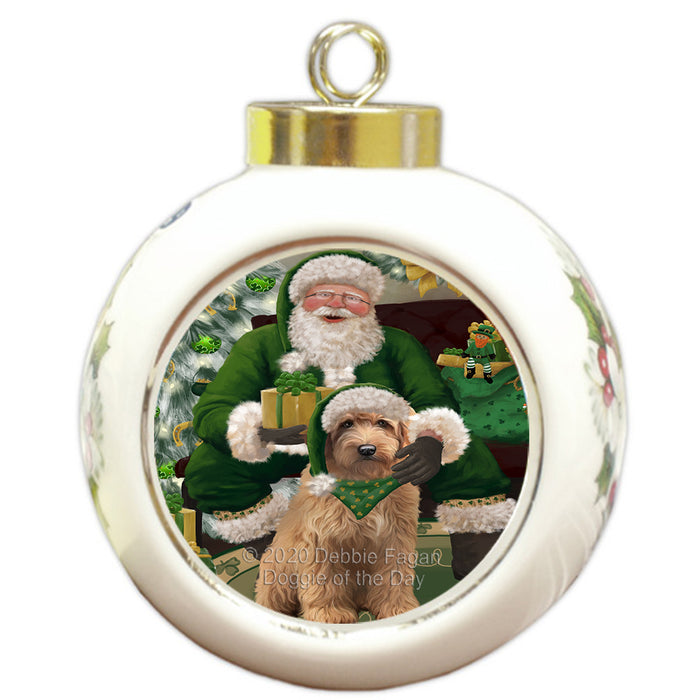 Christmas Irish Santa with Gift and Goldendoodle Dog Round Ball Christmas Ornament RBPOR57929