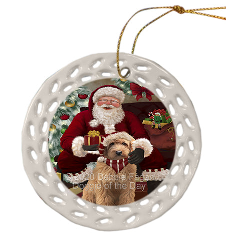 Santa's Christmas Surprise Goldendoodle Dog Doily Ornament DPOR59589