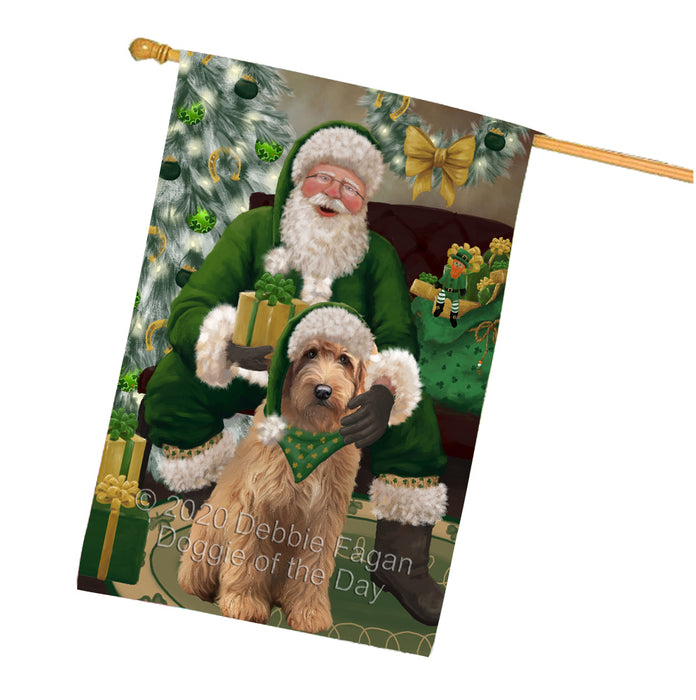 Christmas Irish Santa with Gift and Goldendoodle Dog House Flag FLG66701