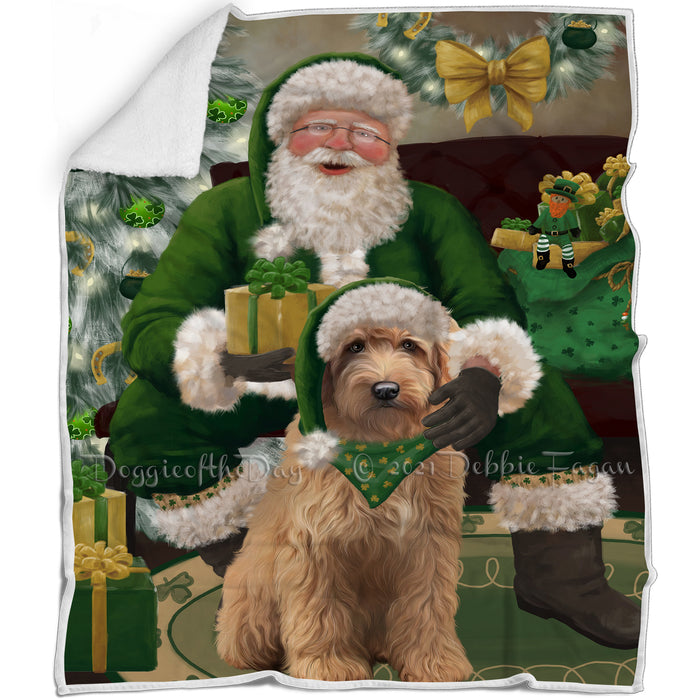Christmas Irish Santa with Gift and Goldendoodle Dog Blanket BLNKT141353