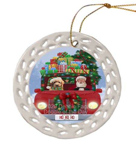 Christmas Honk Honk Red Truck with Santa and Goldendoodle Dog Doily Ornament DPOR59350