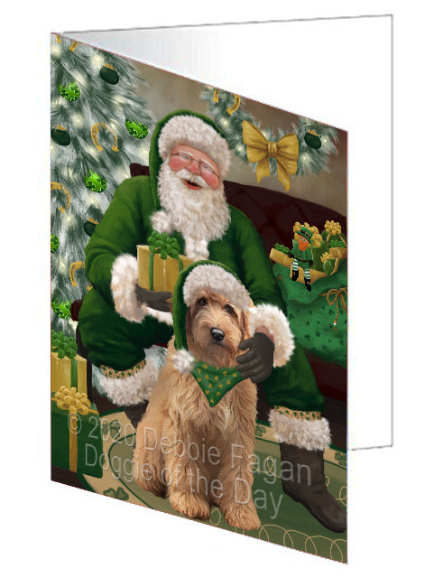 Christmas Irish Santa with Gift and Goldendoodle Dog Handmade Artwork Assorted Pets Greeting Cards and Note Cards with Envelopes for All Occasions and Holiday Seasons GCD75857