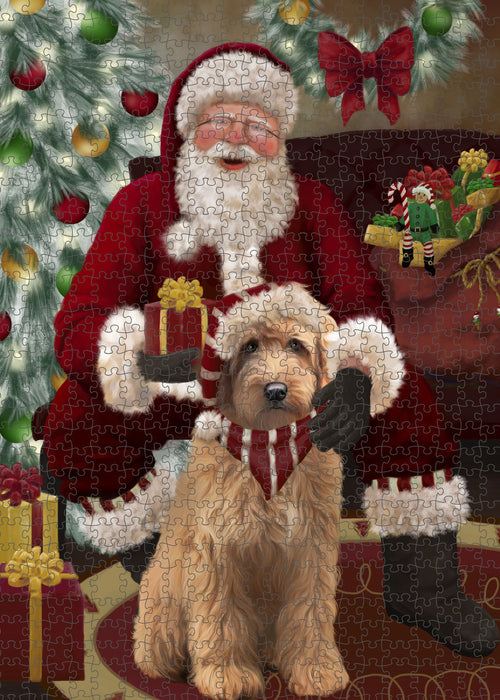 Santa's Christmas Surprise Goldendoodle Dog Puzzle with Photo Tin PUZL100808