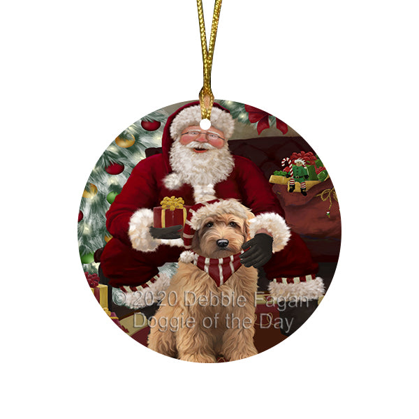 Santa's Christmas Surprise Goldendoodle Dog Round Flat Christmas Ornament RFPOR58027