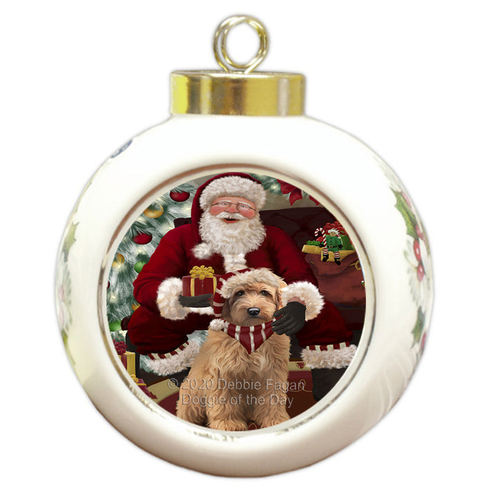 Santa's Christmas Surprise Goldendoodle Dog Round Ball Christmas Ornament RBPOR58027