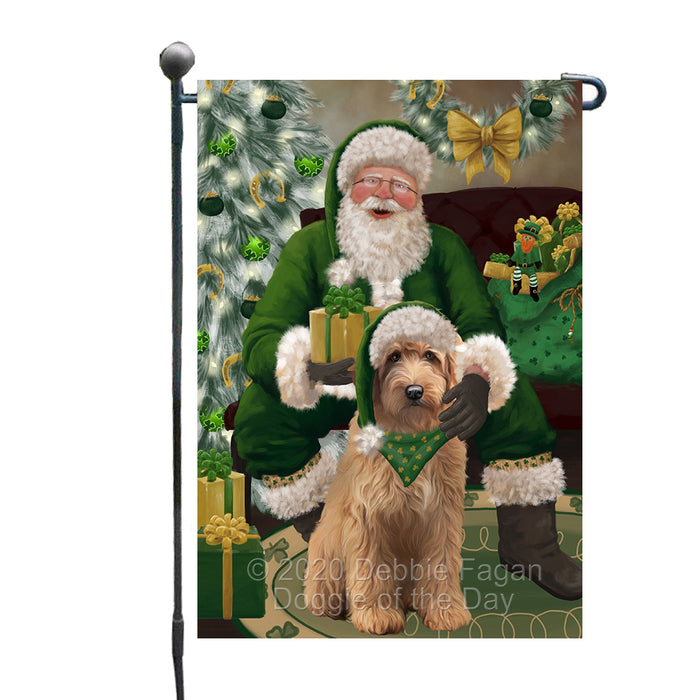 Christmas Irish Santa with Gift and Goldendoodle Dog Garden Flag GFLG66645