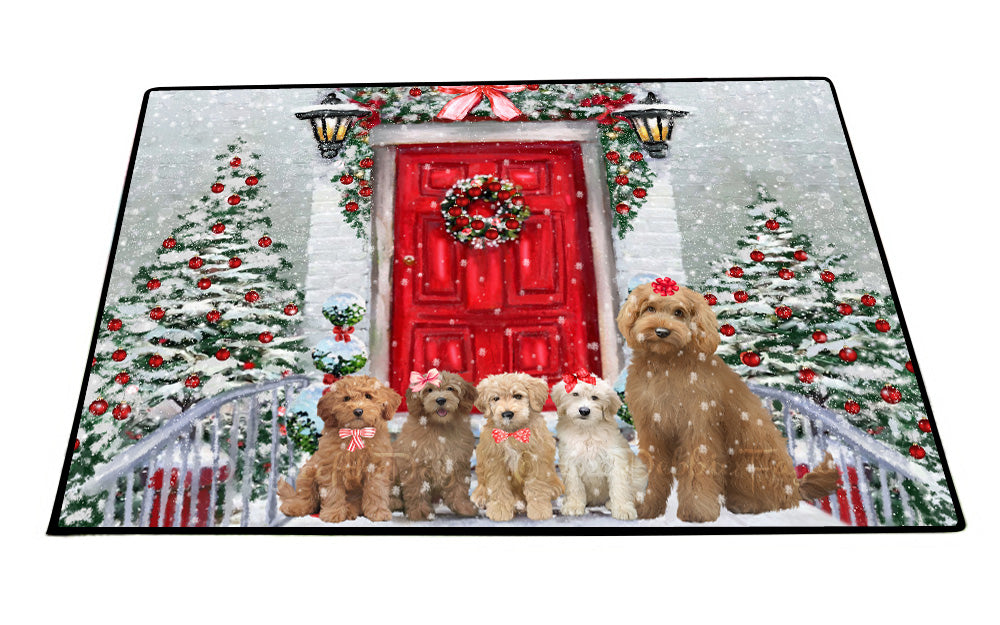 Christmas Holiday Welcome Goldendoodle Dogs Floor Mat- Anti-Slip Pet Door Mat Indoor Outdoor Front Rug Mats for Home Outside Entrance Pets Portrait Unique Rug Washable Premium Quality Mat