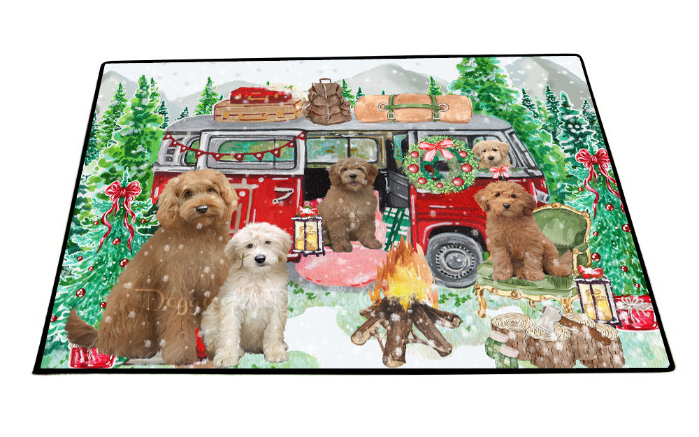 Christmas Time Camping with Goldendoodle Dogs Floor Mat- Anti-Slip Pet Door Mat Indoor Outdoor Front Rug Mats for Home Outside Entrance Pets Portrait Unique Rug Washable Premium Quality Mat