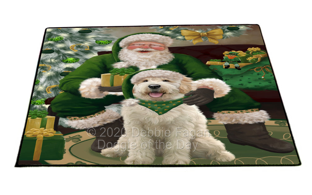 Christmas Irish Santa with Gift and Goldendoodle Dog Indoor/Outdoor Welcome Floormat - Premium Quality Washable Anti-Slip Doormat Rug FLMS57163