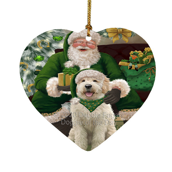 Christmas Irish Santa with Gift and Goldendoodle Dog Heart Christmas Ornament RFPOR58272