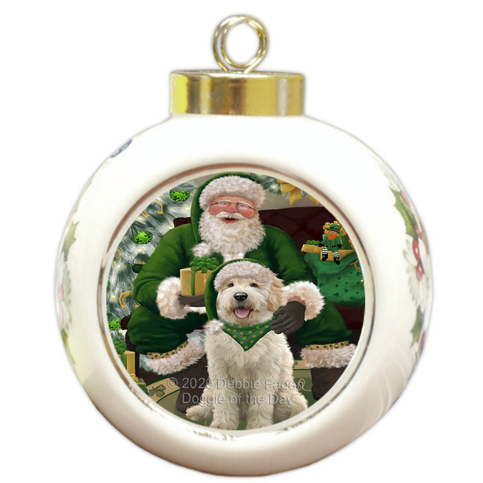 Christmas Irish Santa with Gift and Goldendoodle Dog Round Ball Christmas Ornament RBPOR57930
