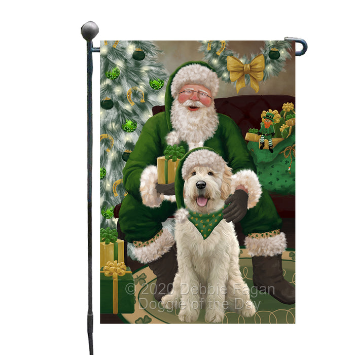 Christmas Irish Santa with Gift and Goldendoodle Dog Garden Flag GFLG66646