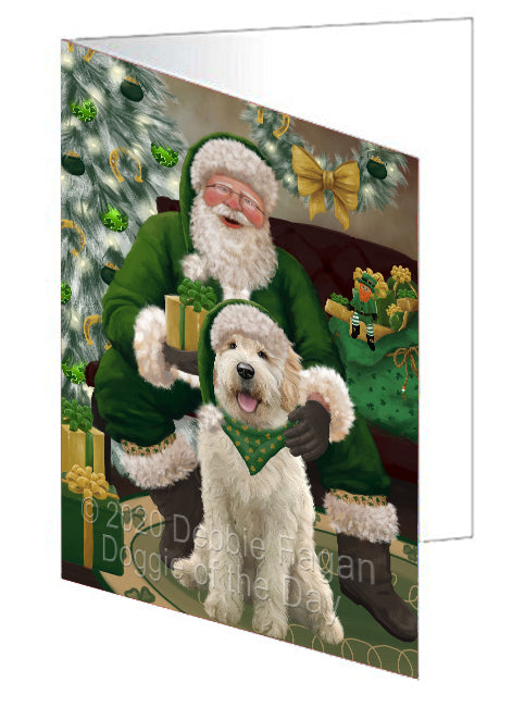 Christmas Irish Santa with Gift and Goldendoodle Dog Handmade Artwork Assorted Pets Greeting Cards and Note Cards with Envelopes for All Occasions and Holiday Seasons GCD75860