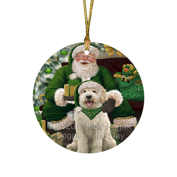 Christmas Irish Santa with Gift and Goldendoodle Dog Round Flat Christmas Ornament RFPOR57930