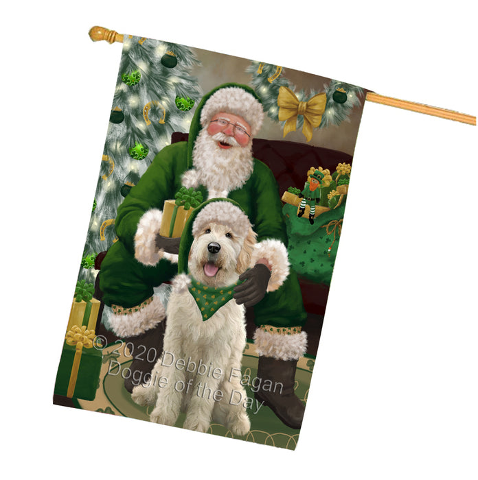 Christmas Irish Santa with Gift and Goldendoodle Dog House Flag FLG66702