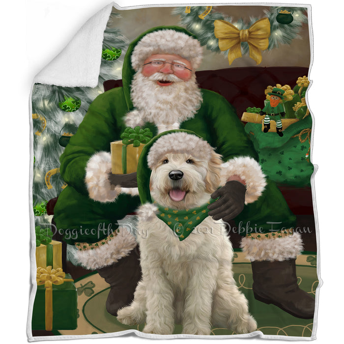 Christmas Irish Santa with Gift and Goldendoodle Dog Blanket BLNKT141358