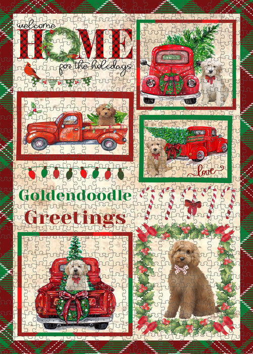 Welcome Home for Christmas Holidays Goldendoodle Dogs Portrait Jigsaw Puzzle for Adults Animal Interlocking Puzzle Game Unique Gift for Dog Lover's with Metal Tin Box
