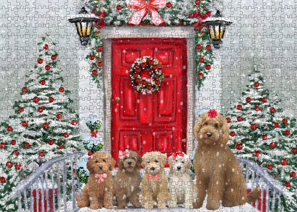 Christmas Holiday Welcome Goldendoodle Dogs Portrait Jigsaw Puzzle for Adults Animal Interlocking Puzzle Game Unique Gift for Dog Lover's with Metal Tin Box