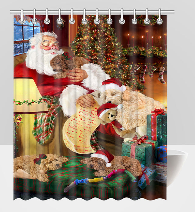 Santa Sleeping with Goldendoodle Dogs Shower Curtain