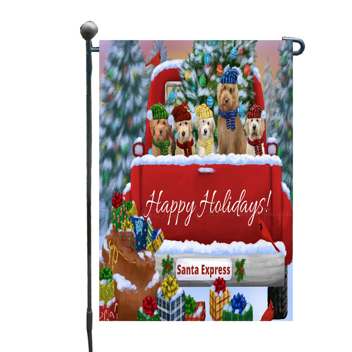 Christmas Red Truck Travlin Home for the Holidays Goldendoodle Dogs Garden Flags- Outdoor Double Sided Garden Yard Porch Lawn Spring Decorative Vertical Home Flags 12 1/2"w x 18"h