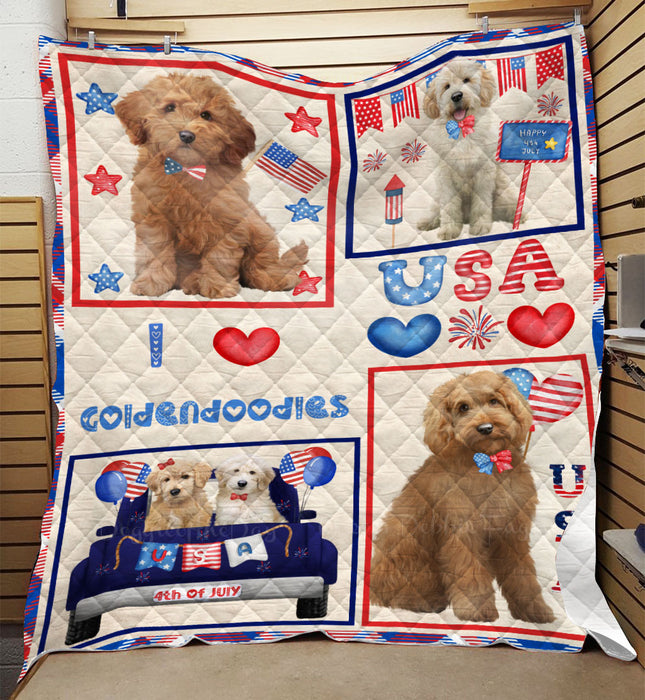 4th of July Independence Day I Love USA Golden Retriever Dogs Quilt Bed Coverlet Bedspread - Pets Comforter Unique One-side Animal Printing - Soft Lightweight Durable Washable Polyester Quilt