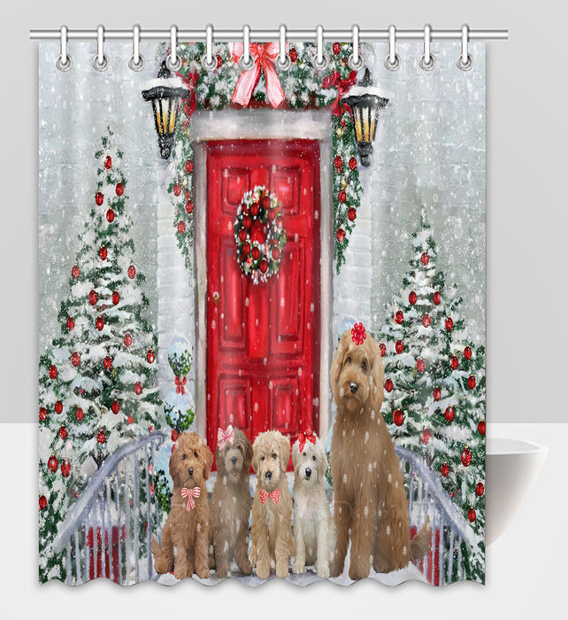 Christmas Holiday Welcome Goldendoodle Dogs Shower Curtain Pet Painting Bathtub Curtain Waterproof Polyester One-Side Printing Decor Bath Tub Curtain for Bathroom with Hooks
