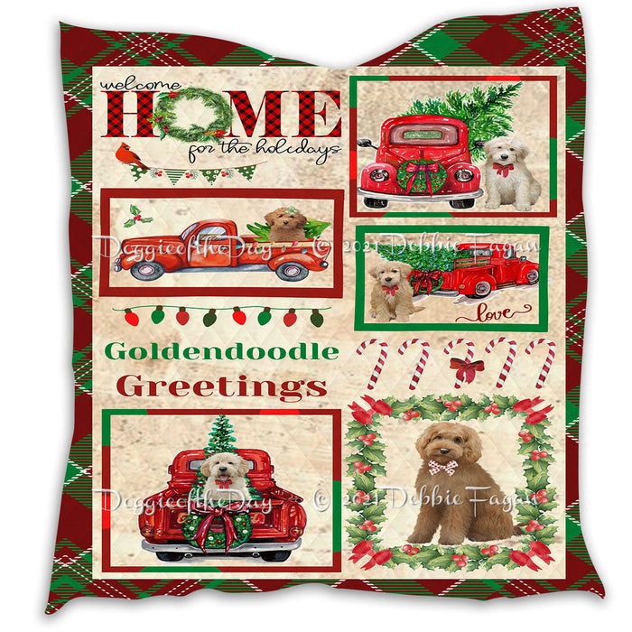 Welcome Home for Christmas Holidays Goldendoodle Dogs Quilt Bed Coverlet Bedspread - Pets Comforter Unique One-side Animal Printing - Soft Lightweight Durable Washable Polyester Quilt