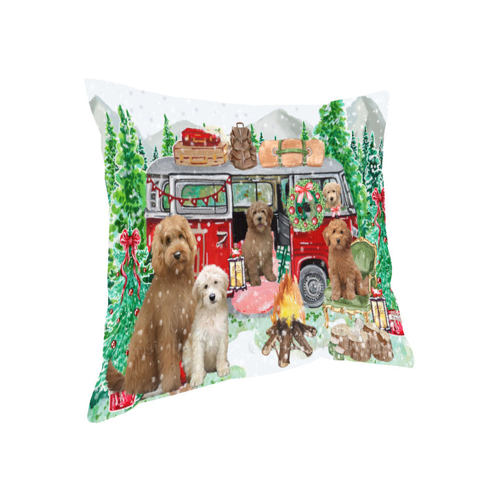 Christmas Time Camping with Goldendoodle Dogs Pillow with Top Quality High-Resolution Images - Ultra Soft Pet Pillows for Sleeping - Reversible & Comfort - Ideal Gift for Dog Lover - Cushion for Sofa Couch Bed - 100% Polyester