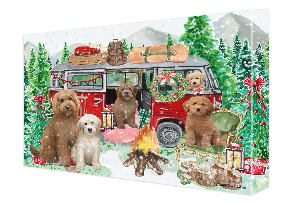 Christmas Time Camping with Goldendoodle Dogs Canvas Wall Art - Premium Quality Ready to Hang Room Decor Wall Art Canvas - Unique Animal Printed Digital Painting for Decoration