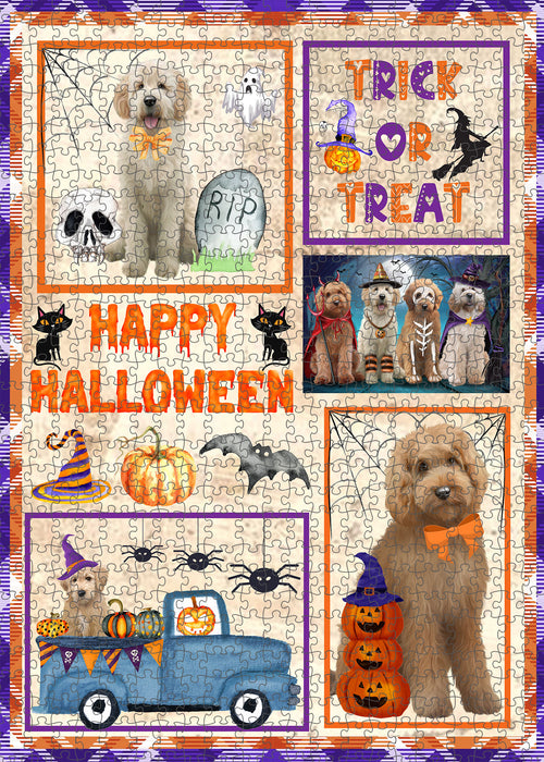 Happy Halloween Trick or Treat Goldendoodle Dogs Portrait Jigsaw Puzzle for Adults Animal Interlocking Puzzle Game Unique Gift for Dog Lover's with Metal Tin Box