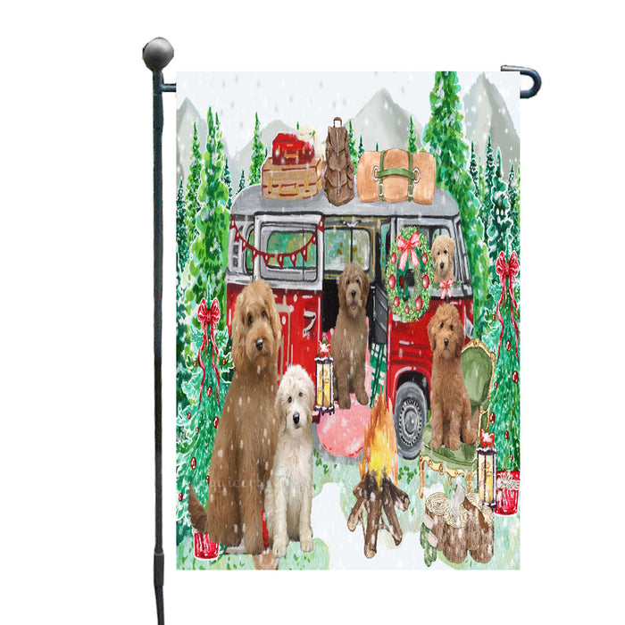 Christmas Time Camping with Goldendoodle Dogs Garden Flags- Outdoor Double Sided Garden Yard Porch Lawn Spring Decorative Vertical Home Flags 12 1/2"w x 18"h