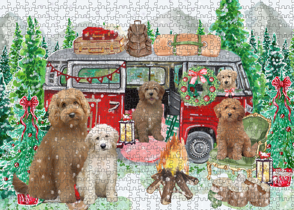 Christmas Time Camping with Goldendoodle Dogs Portrait Jigsaw Puzzle for Adults Animal Interlocking Puzzle Game Unique Gift for Dog Lover's with Metal Tin Box