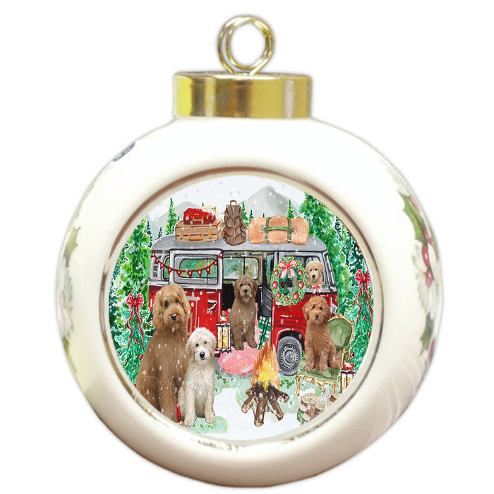 Christmas Time Camping with Goldendoodle Dogs Round Ball Christmas Ornament Pet Decorative Hanging Ornaments for Christmas X-mas Tree Decorations - 3" Round Ceramic Ornament