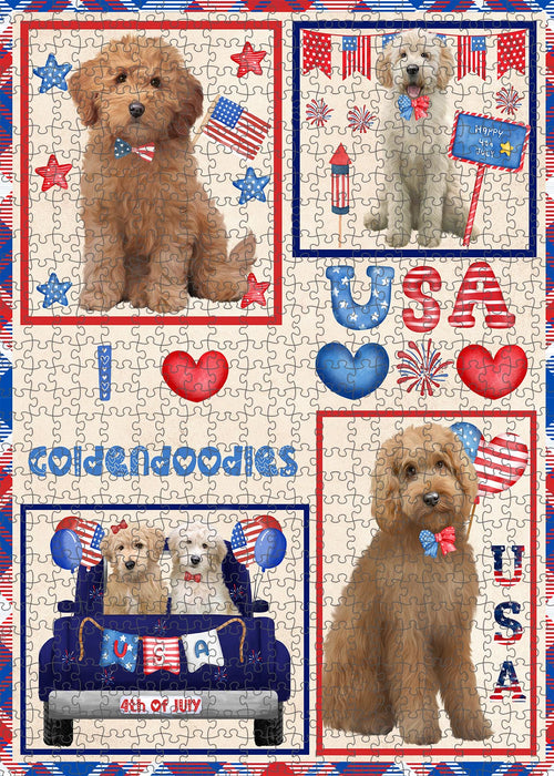 4th of July Independence Day I Love USA Goldendoodle Dogs Portrait Jigsaw Puzzle for Adults Animal Interlocking Puzzle Game Unique Gift for Dog Lover's with Metal Tin Box