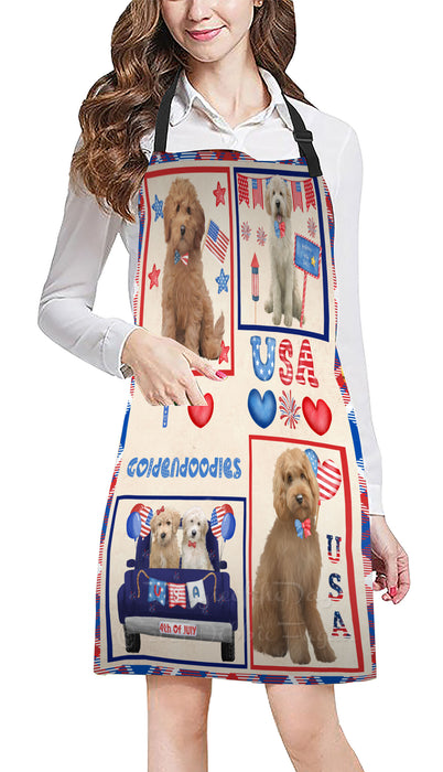4th of July Independence Day I Love USA Goldendoodle Dogs Apron - Adjustable Long Neck Bib for Adults - Waterproof Polyester Fabric With 2 Pockets - Chef Apron for Cooking, Dish Washing, Gardening, and Pet Grooming