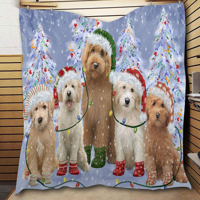 Christmas Lights and Goldendoodle Dogs  Quilt Bed Coverlet Bedspread - Pets Comforter Unique One-side Animal Printing - Soft Lightweight Durable Washable Polyester Quilt