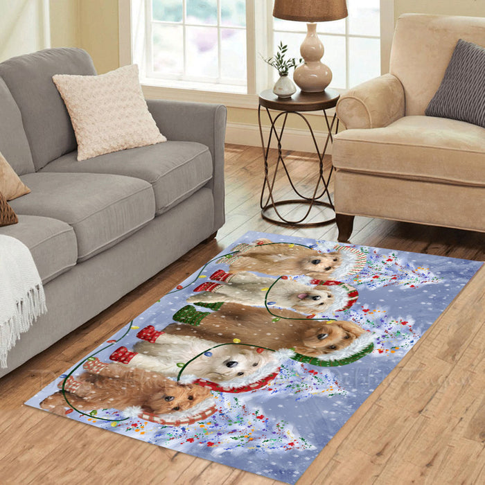 Christmas Lights and Goldendoodle Dogs Area Rug - Ultra Soft Cute Pet Printed Unique Style Floor Living Room Carpet Decorative Rug for Indoor Gift for Pet Lovers