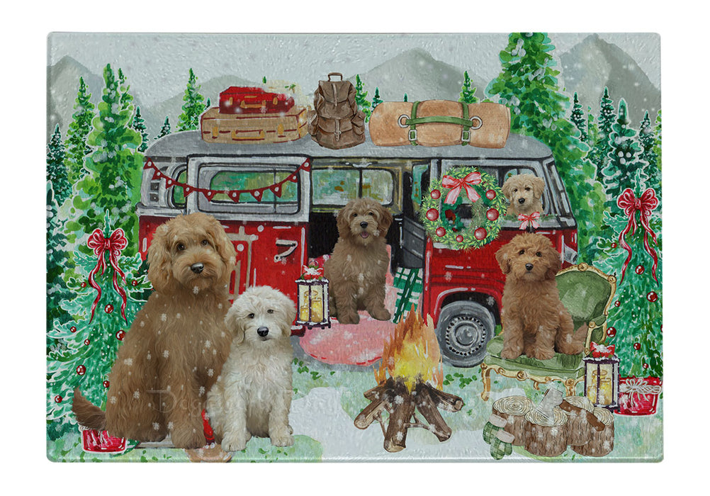 Christmas Time Camping with Goldendoodle Dogs Cutting Board - For Kitchen - Scratch & Stain Resistant - Designed To Stay In Place - Easy To Clean By Hand - Perfect for Chopping Meats, Vegetables