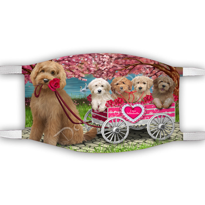 I Love Goldendoodle Dogs in a Cart Face Mask FM48149