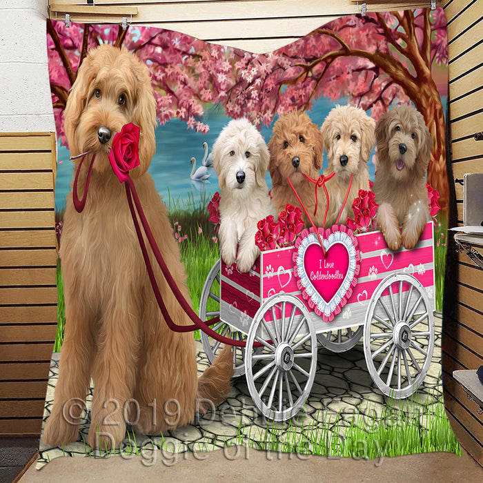 I Love Goldendoodle Dogs in a Cart Quilt