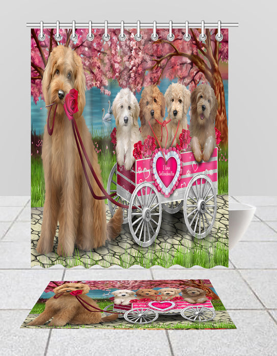 I Love Goldendoodle Dogs in a Cart Bath Mat and Shower Curtain Combo