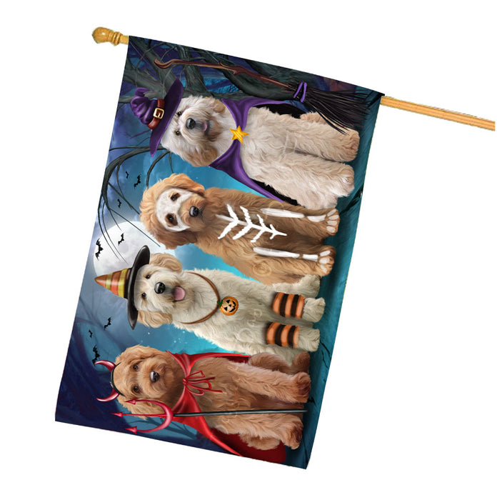 Halloween Trick or Treat Goldendoodle Dogs House Flag Outdoor Decorative Double Sided Pet Portrait Weather Resistant Premium Quality Animal Printed Home Decorative Flags 100% Polyester