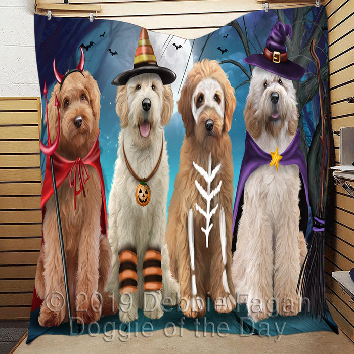 Happy Halloween Trick or Treat Goldendoodle Dogs Lightweight Soft Bedspread Coverlet Bedding Quilt QUILT60371