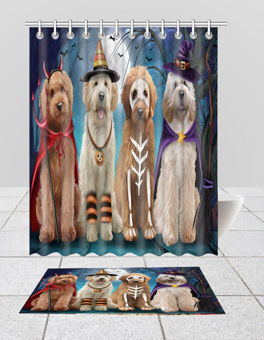 Halloween Trick or Teat Goldendoodle Dogs Bath Mat and Shower Curtain Combo