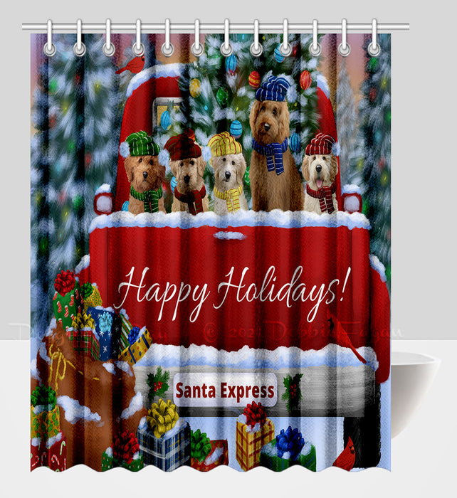 Christmas Red Truck Travlin Home for the Holidays Goldendoodle Dogs Shower Curtain Pet Painting Bathtub Curtain Waterproof Polyester One-Side Printing Decor Bath Tub Curtain for Bathroom with Hooks