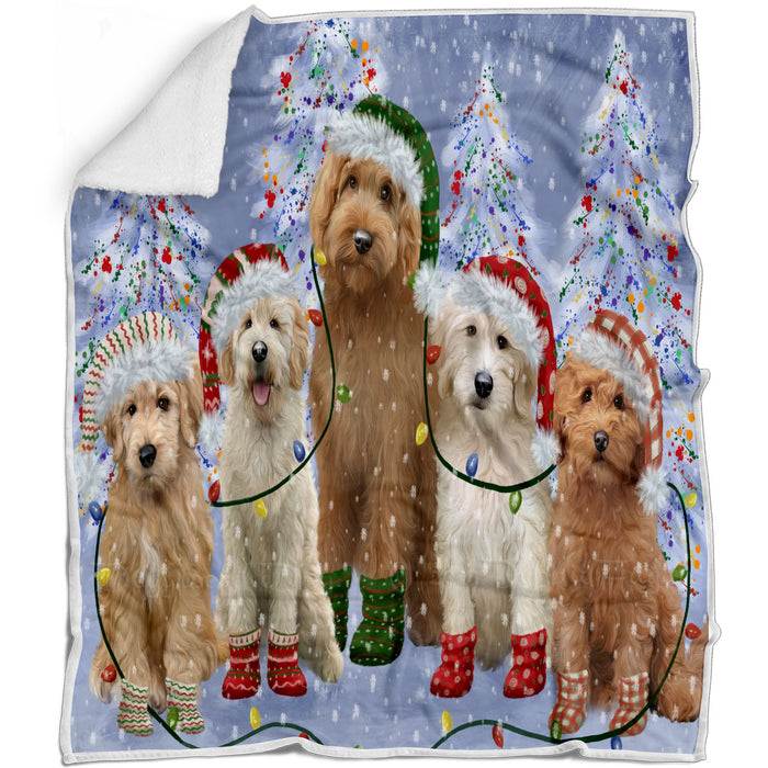 Christmas Lights and Goldendoodle Dogs Blanket - Lightweight Soft Cozy and Durable Bed Blanket - Animal Theme Fuzzy Blanket for Sofa Couch