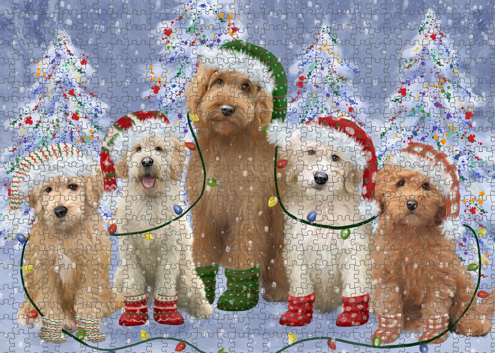 Christmas Lights and Goldendoodle Dogs Portrait Jigsaw Puzzle for Adults Animal Interlocking Puzzle Game Unique Gift for Dog Lover's with Metal Tin Box