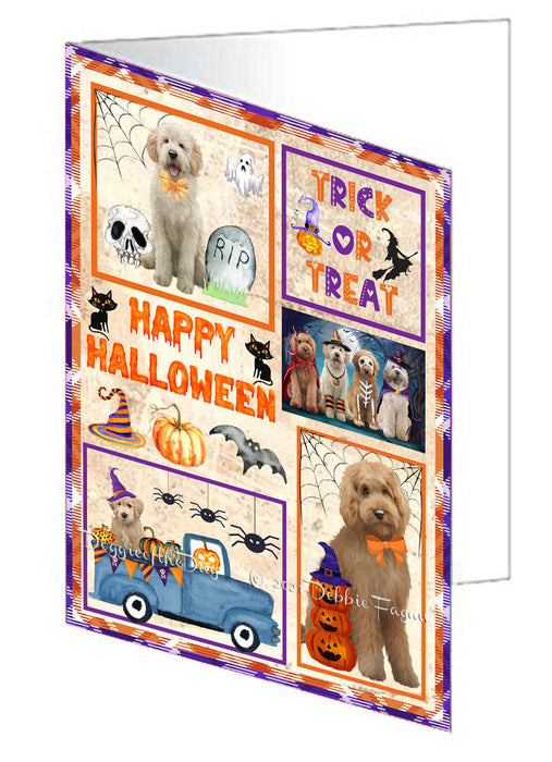 Happy Halloween Trick or Treat Goldendoodle Dogs Handmade Artwork Assorted Pets Greeting Cards and Note Cards with Envelopes for All Occasions and Holiday Seasons GCD76505