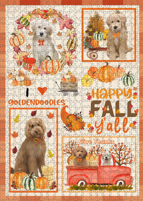 Happy Fall Y'all Pumpkin Goldendoodle Dogs Portrait Jigsaw Puzzle for Adults Animal Interlocking Puzzle Game Unique Gift for Dog Lover's with Metal Tin Box
